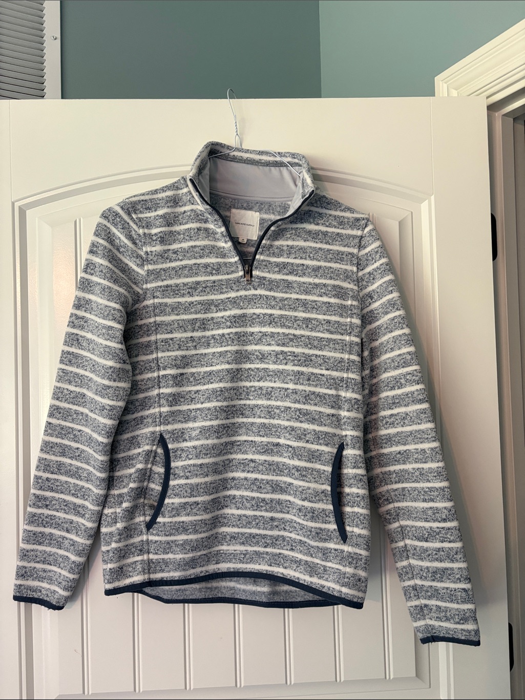 Thread & Supply Gray And White Striped Quarter-Zip Pullover